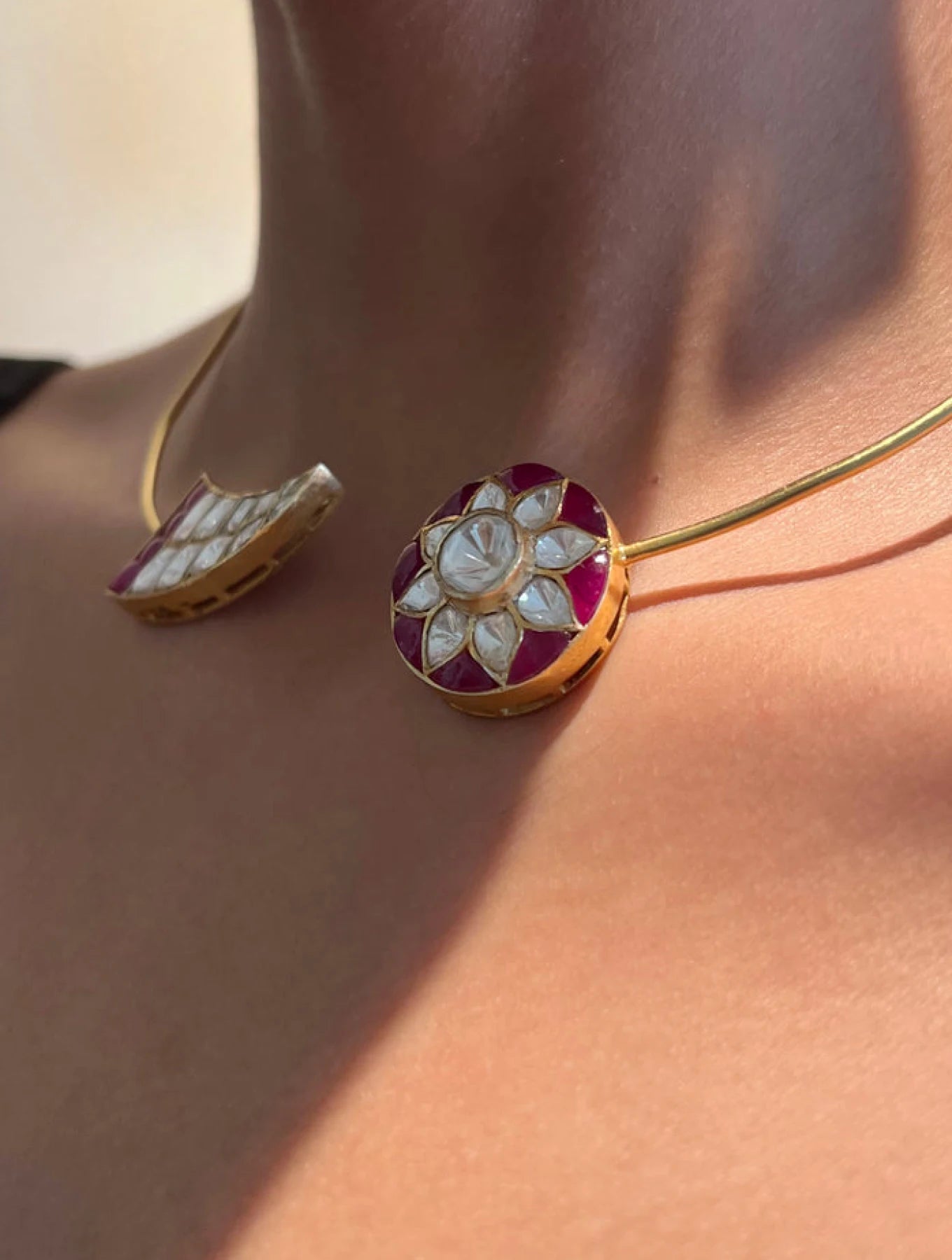 Adrika Tusk Red Polki Silver Hasli Necklace