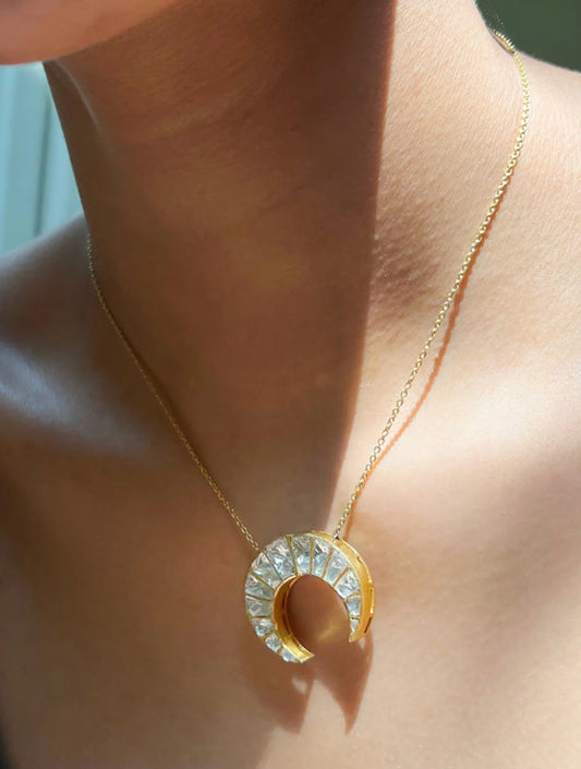 Vidula Crescent Moon Polki Silver Pendant with attached Chain