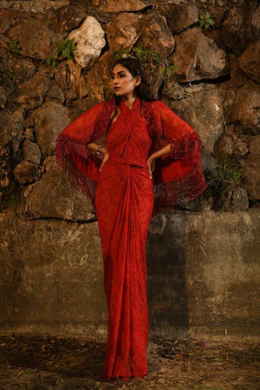 RED DRAPE DRESS WITH CAPE JACKET