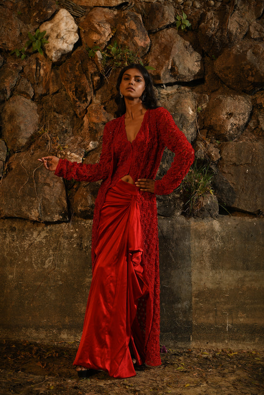 RED LONG JACKET AND DRAPE SKIRT SET