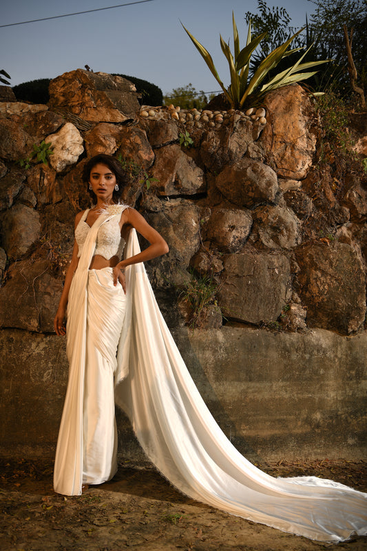 IVORY STITCHED DRAPE SAREE SET
