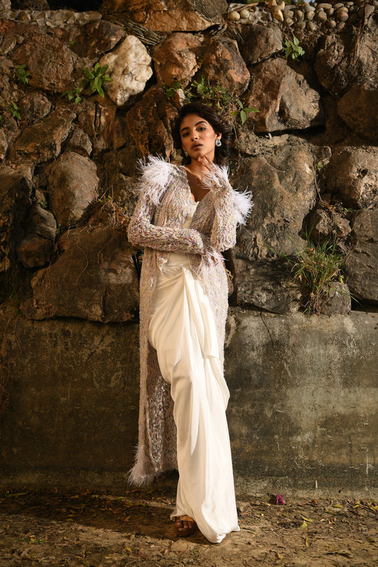 IVORY LONG JACKET AND DRAPE SKIRT SET