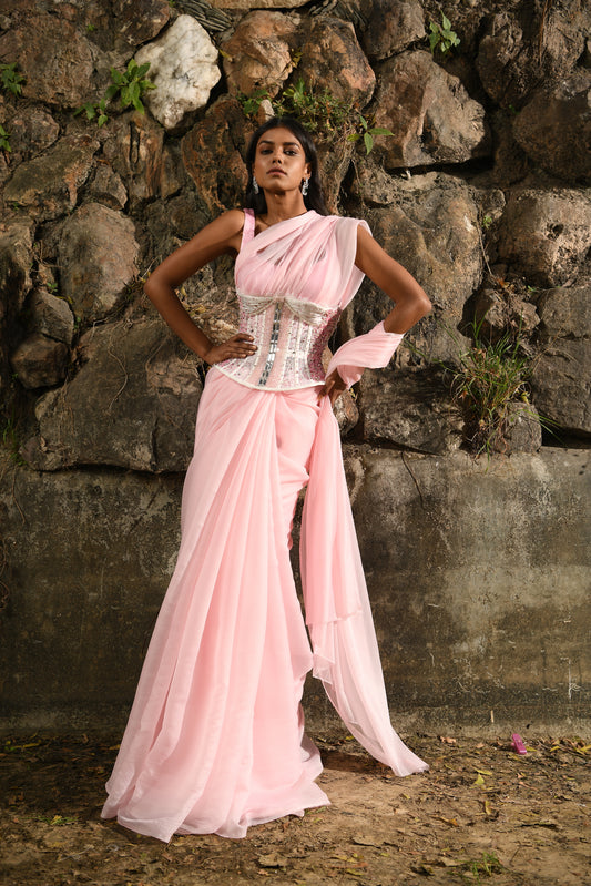 Baby Pink Saree Blouse with half Cup Pink Ombre Embellished Corset Belt.