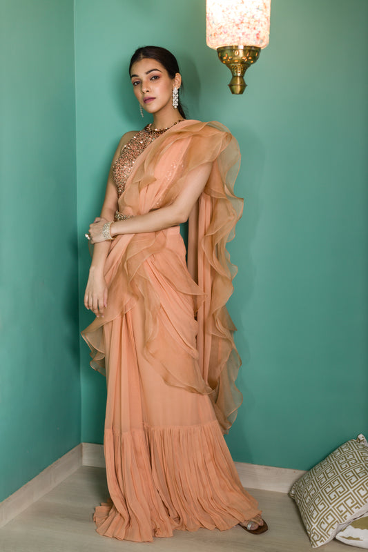 ROSE GOLD TONAL EMBROIDERED PRE DRAPED RUFFLE SAREE