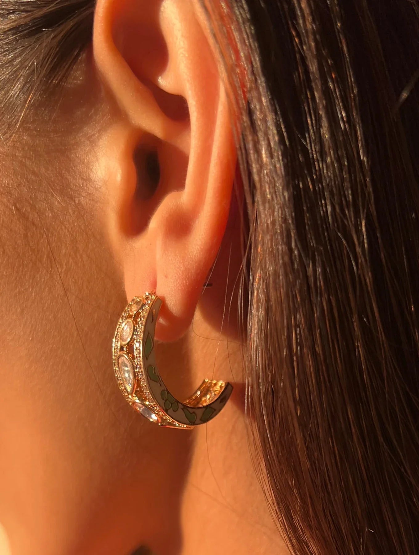 RINAL Moon Shaped White & Green Hoop EARRINGSSs