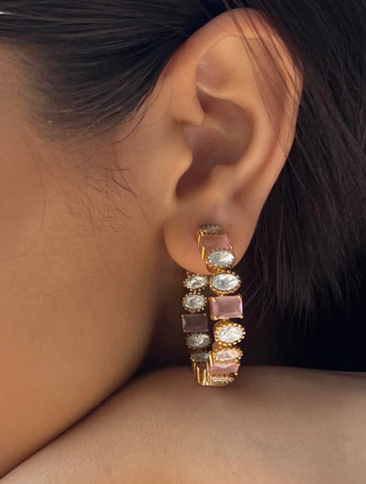 Arpita Pink Square Semi Precious Stone Hoop EARRINGSSs