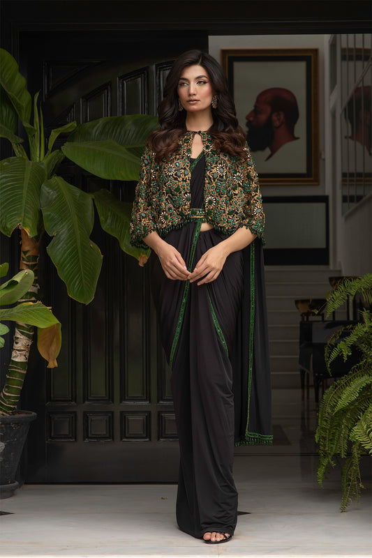 Black Silk Jersey Saree with cape