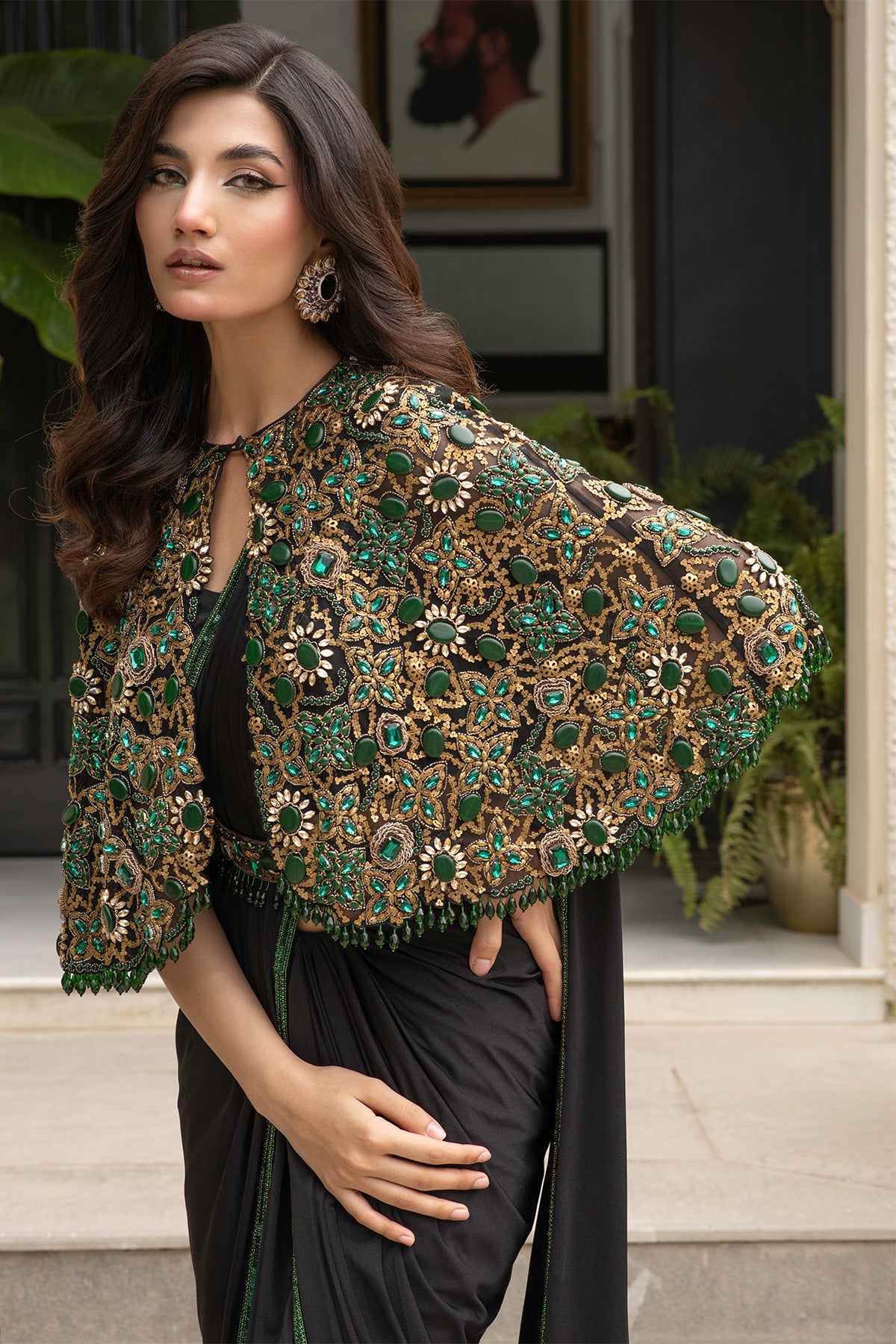 Black Silk Jersey Saree with cape