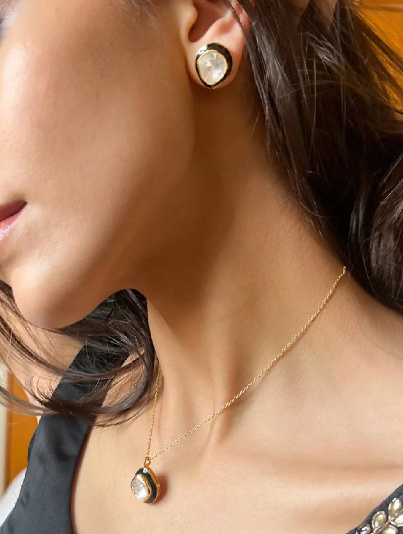 Vani Black Enamel Single Polki EARRINGSSs with Pendant and Chain