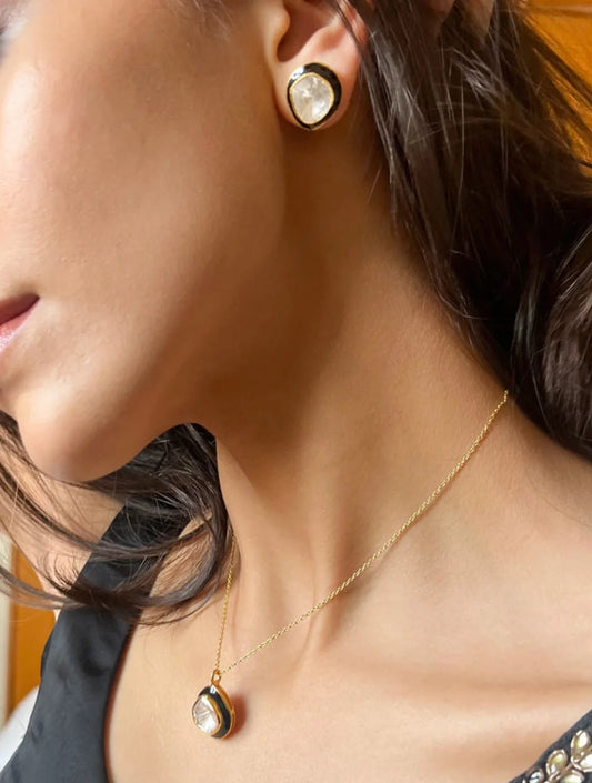 Vani Black Enamel Single Polki EARRINGSSs with Pendant and Chain