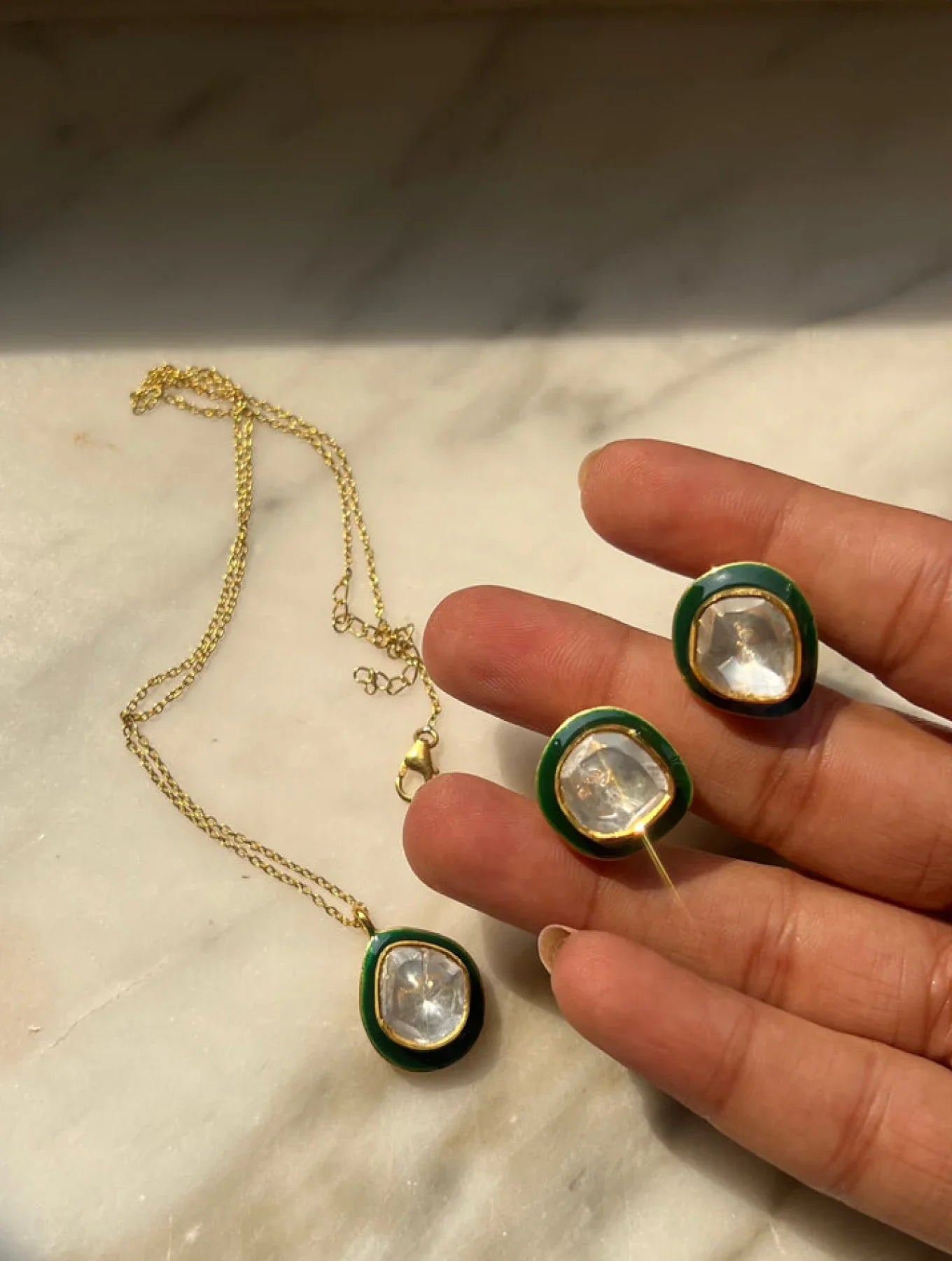 Vani Green Enamel Single Polki EARRINGSSs with Pendant and Chain
