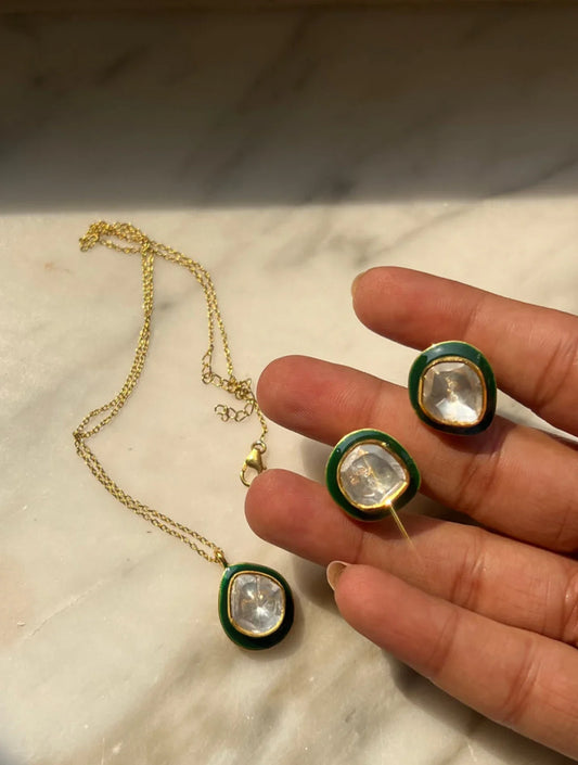 Vani Green Enamel Single Polki EARRINGSSs with Pendant and Chain