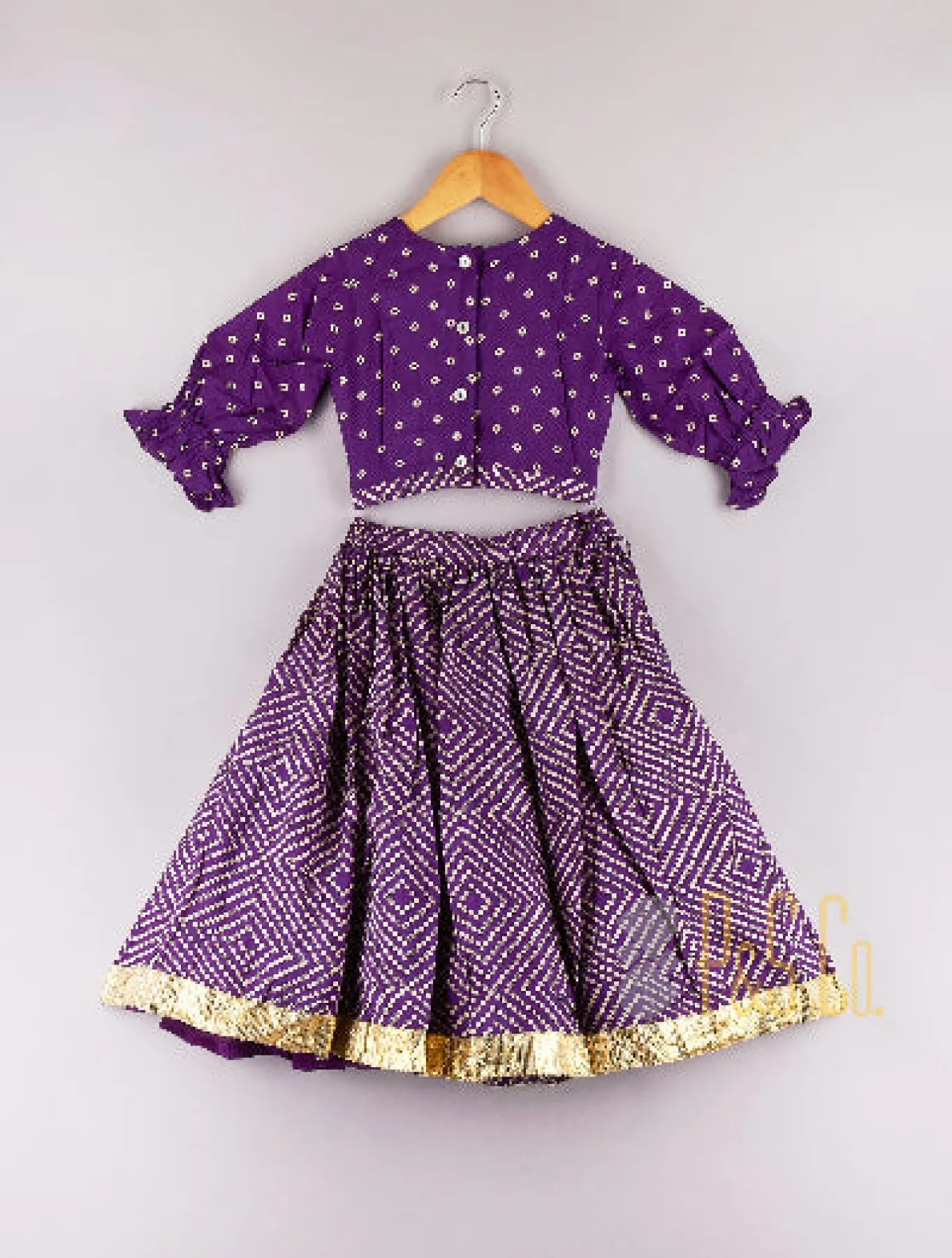 Bandhani Printed Purple Balloon Sleeve Blouse with Ghaghra