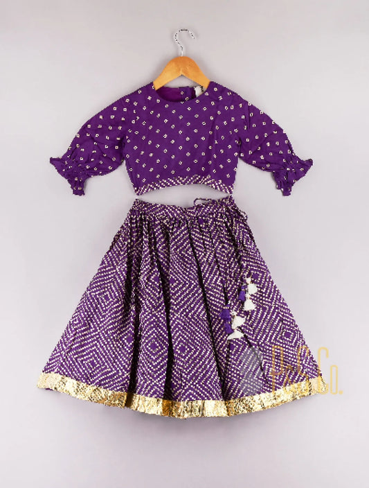 Bandhani Printed Purple Balloon Sleeve Blouse with Ghaghra