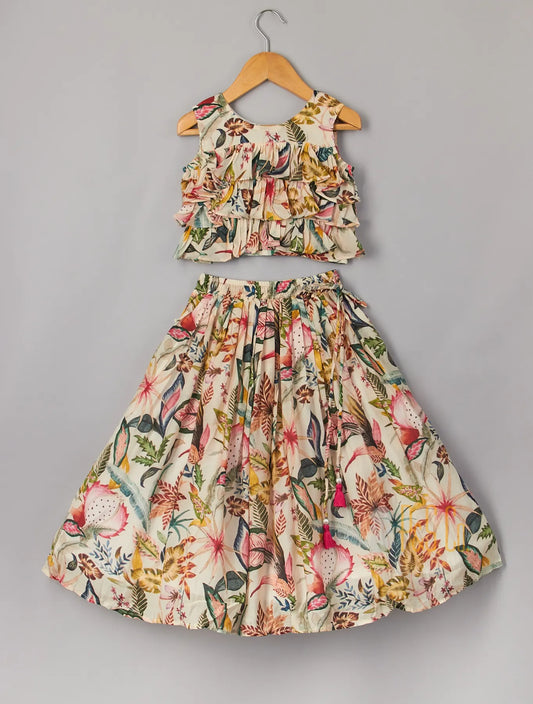 Floral Printed Frilly Layered Top With Pleated Lehenga