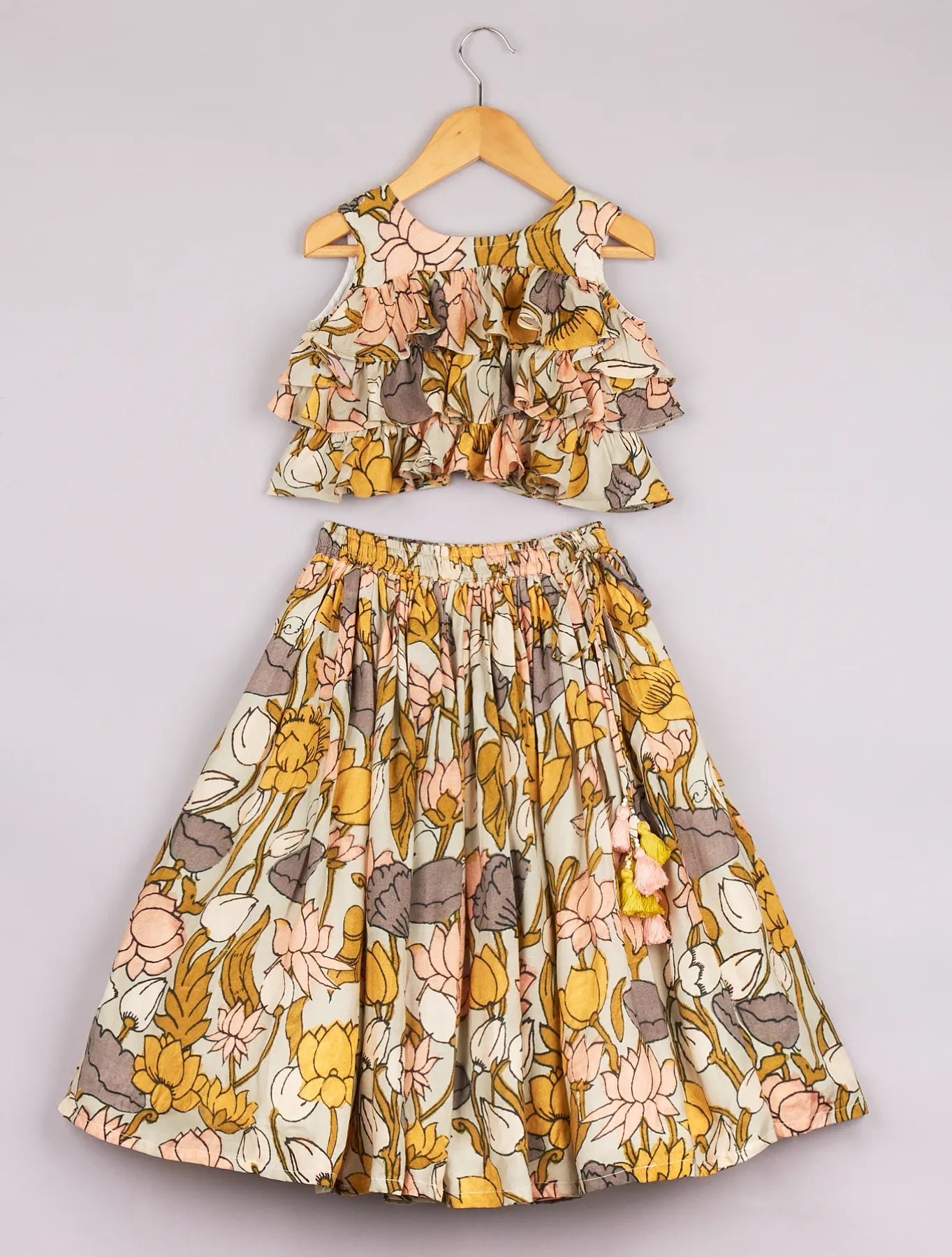Floral Printed Frilly Layered Top With Pleated Lehenga