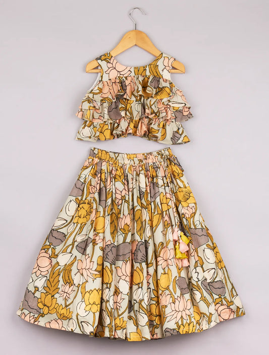 Floral Printed Frilly Layered Top With Pleated Lehenga