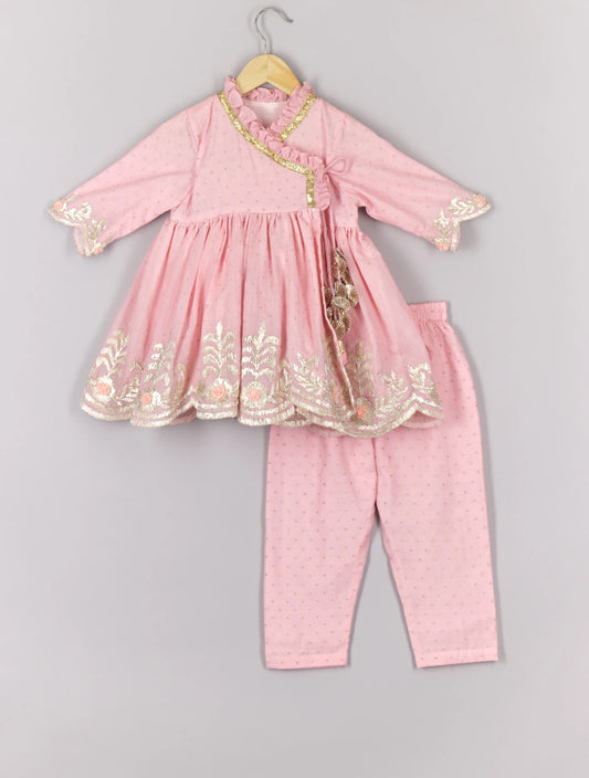 Gota Embroidered Pink Angrakha and Pant