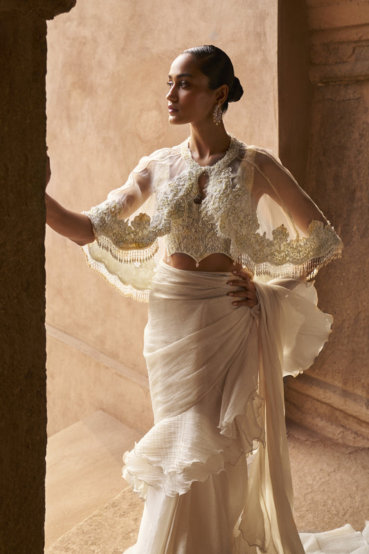 Ivory whisper saree with cape set