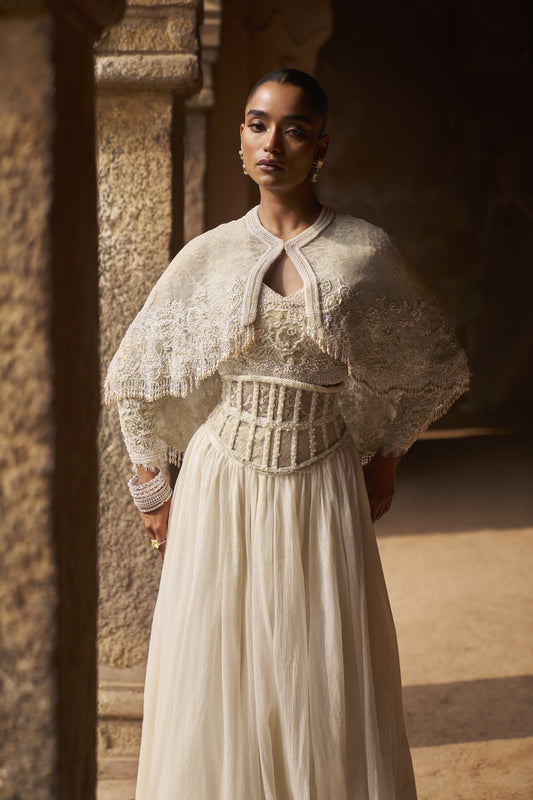 Pearlescent full sleevs blouse, cape and skirt set