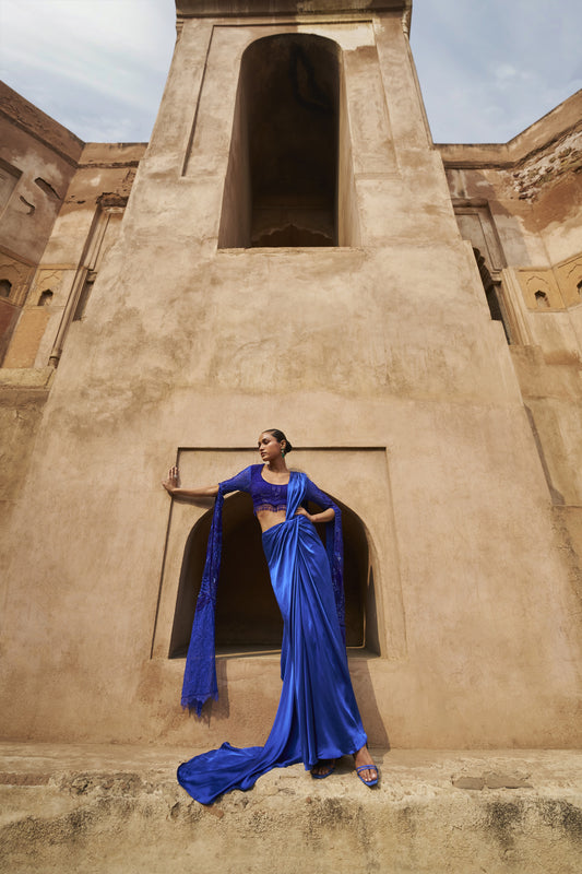 Moonlit mirage cape sleeves and drape saree set