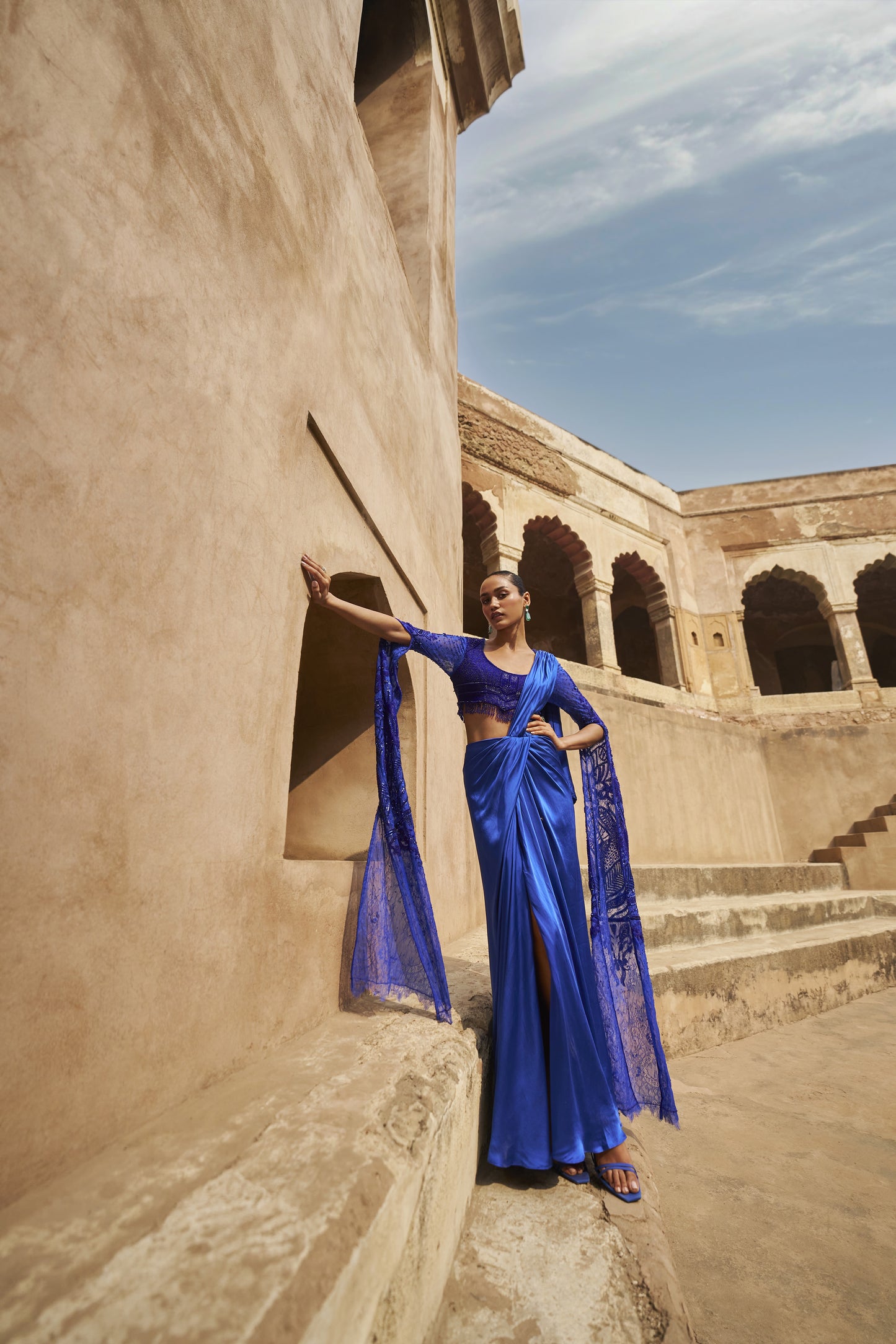 Moonlit mirage cape sleeves and drape saree set