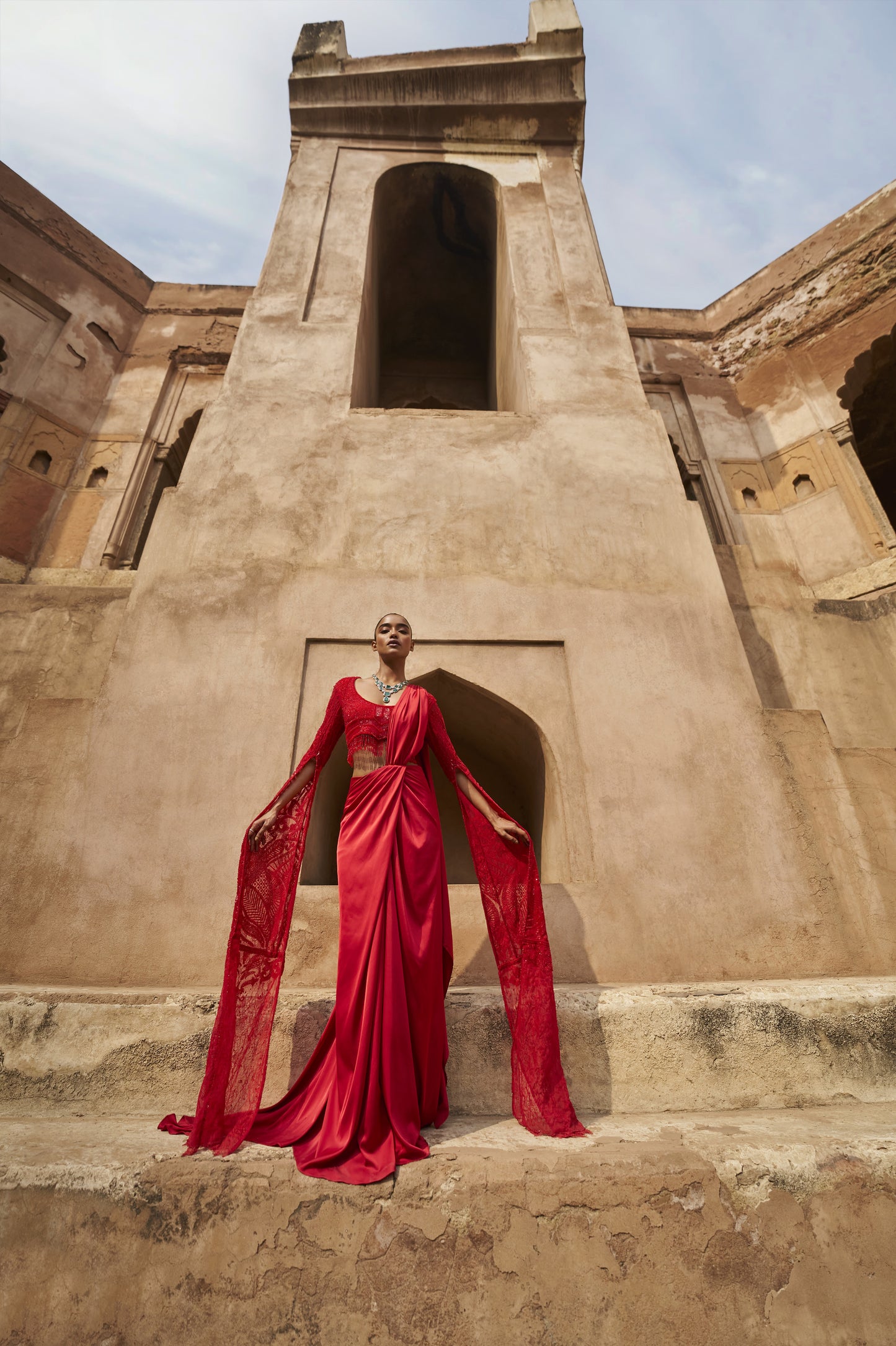 Moonlit mirage cape sleeves and drape saree set red