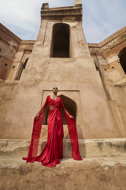 Moonlit mirage cape sleeves and drape saree set red