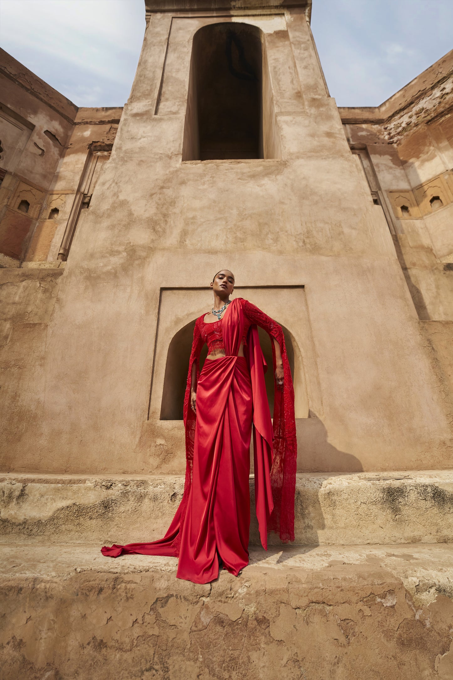 Moonlit mirage cape sleeves and drape saree set red