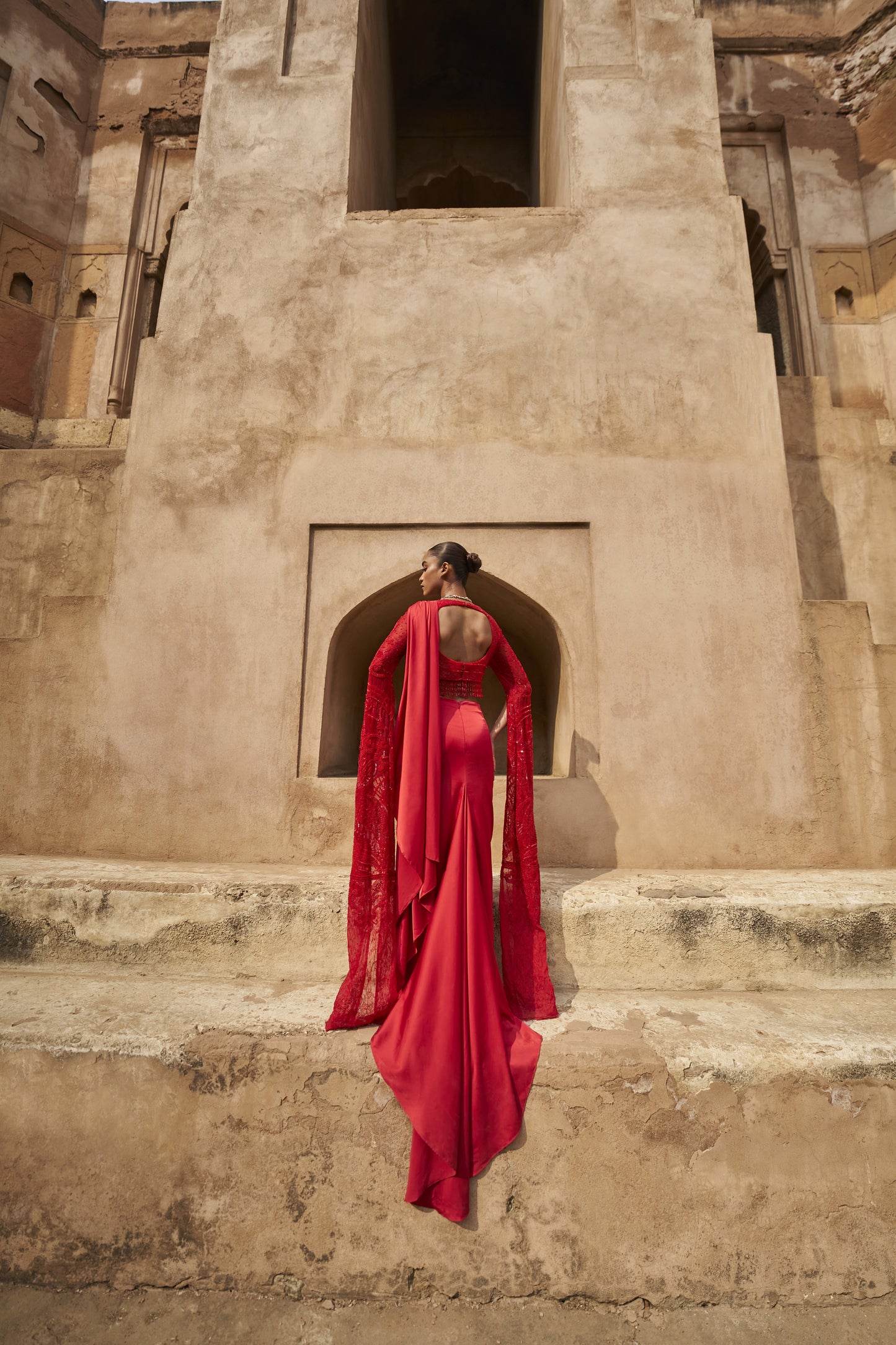 Moonlit mirage cape sleeves and drape saree set red