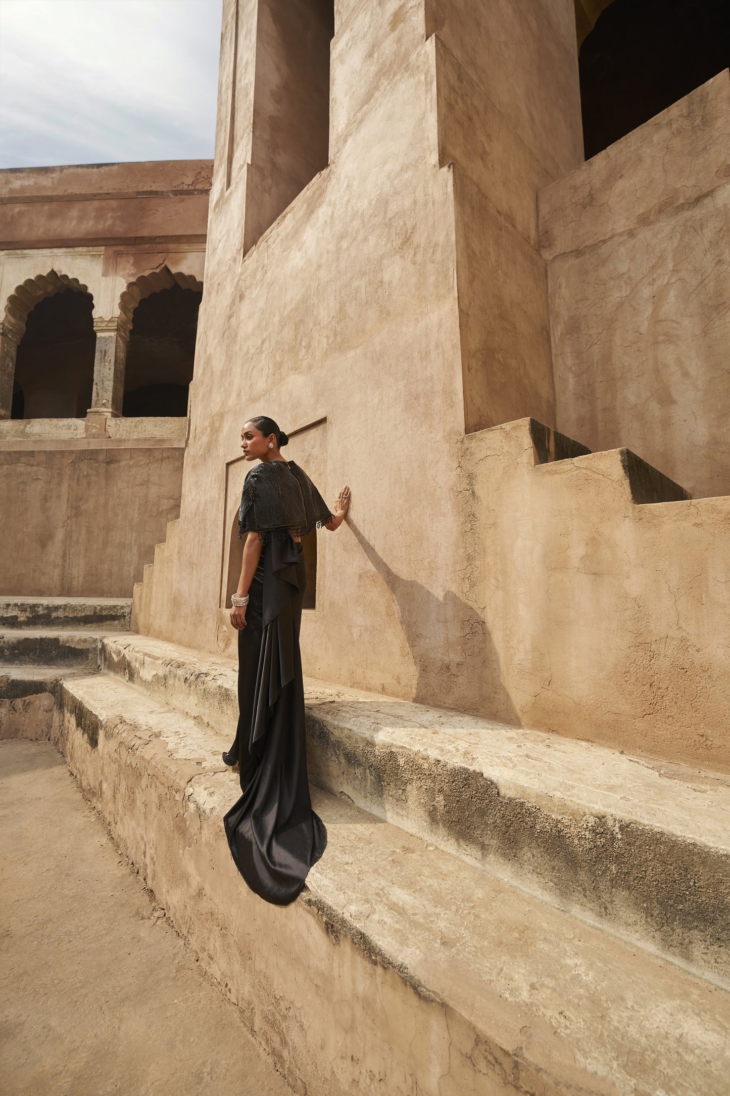 Amber musk lace blouse, cape and drape saree