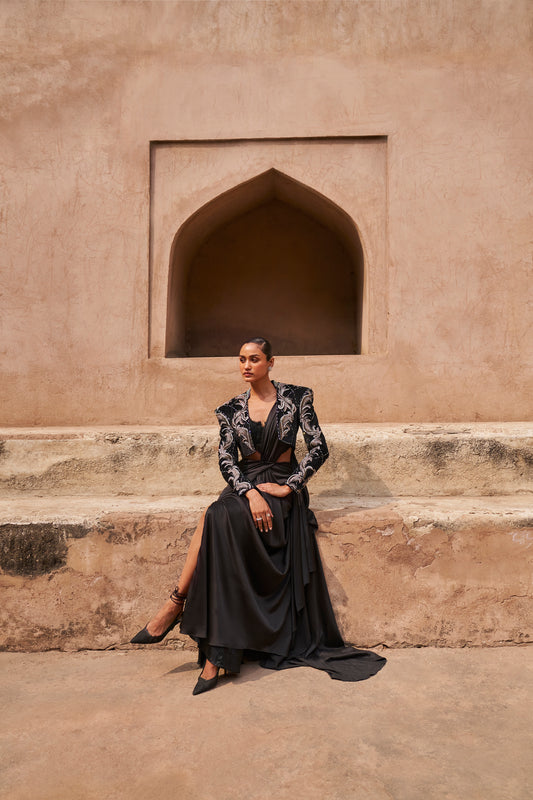 Sand swept Mirage Crop Blazer with Drape saree