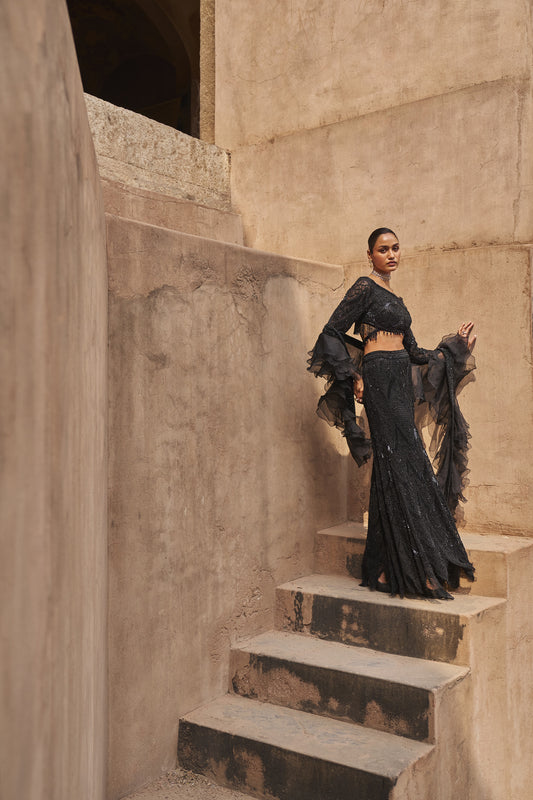 Fiery blouse , lehenga and ruffle dupatta