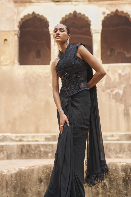 Moonlight mirage halterneck drape blouse saree and corset belt set