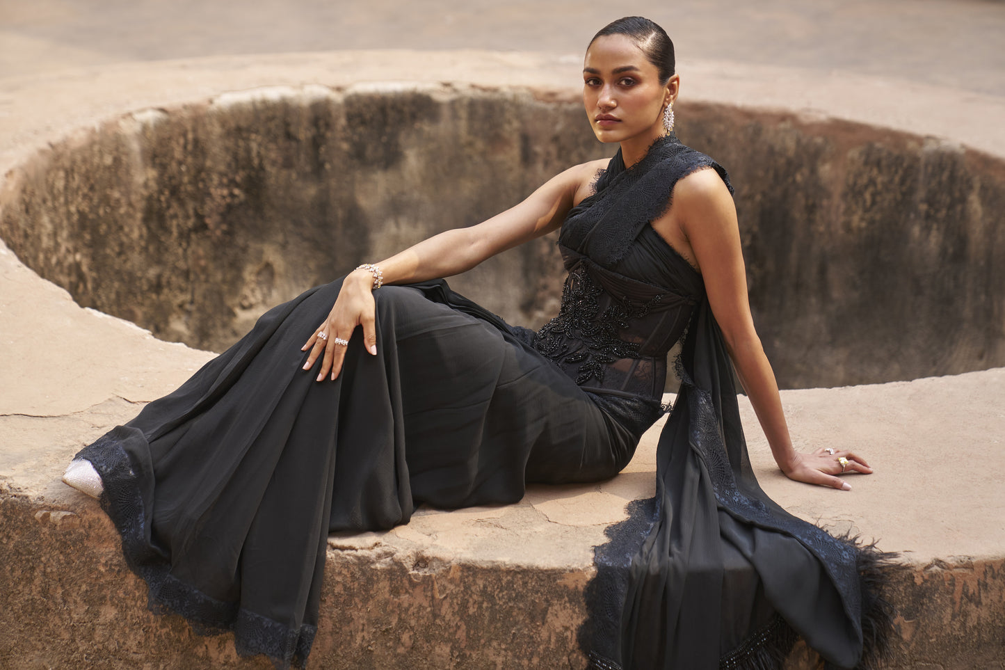 Moonlight mirage halterneck drape blouse saree and corset belt set