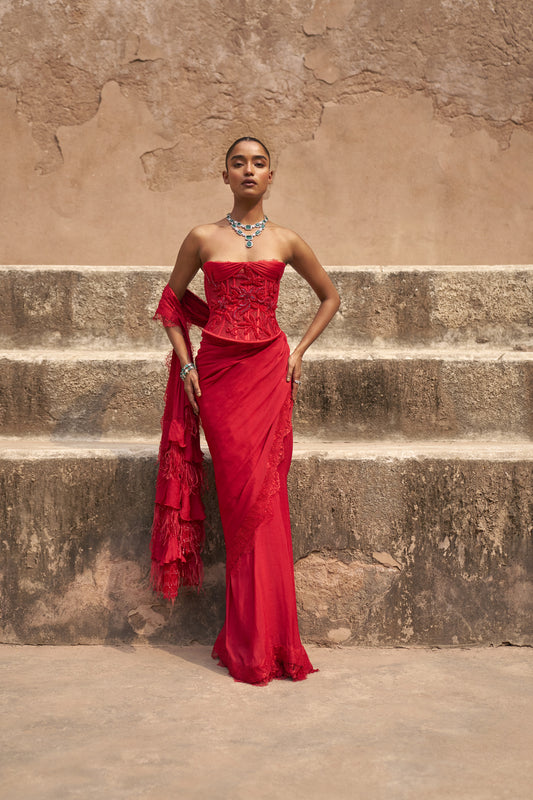 Crimson crowned saree with corset blouse set