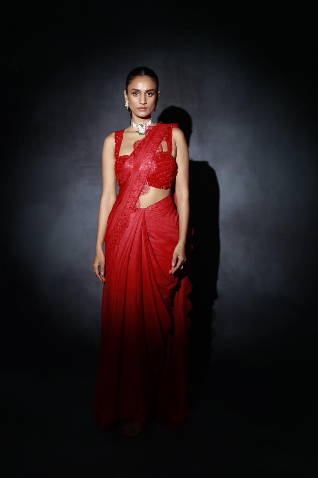RED EMBROIDERED RUFFLED SAREE SET