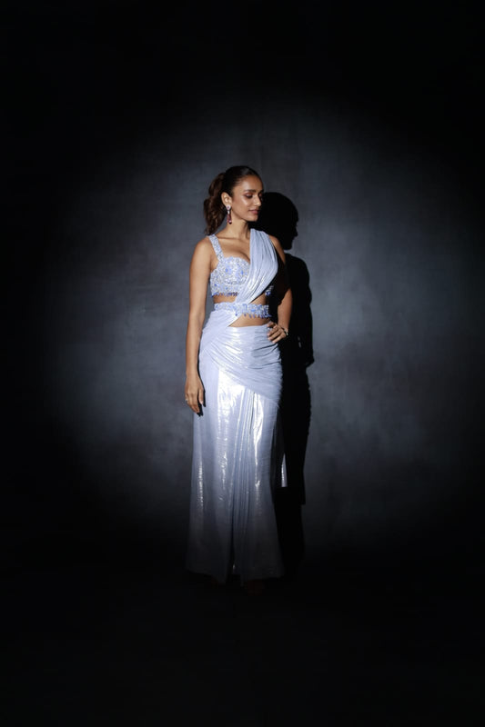 Ice Blue floral embroidery Blouse with  liquid foil drape saree with thin belt