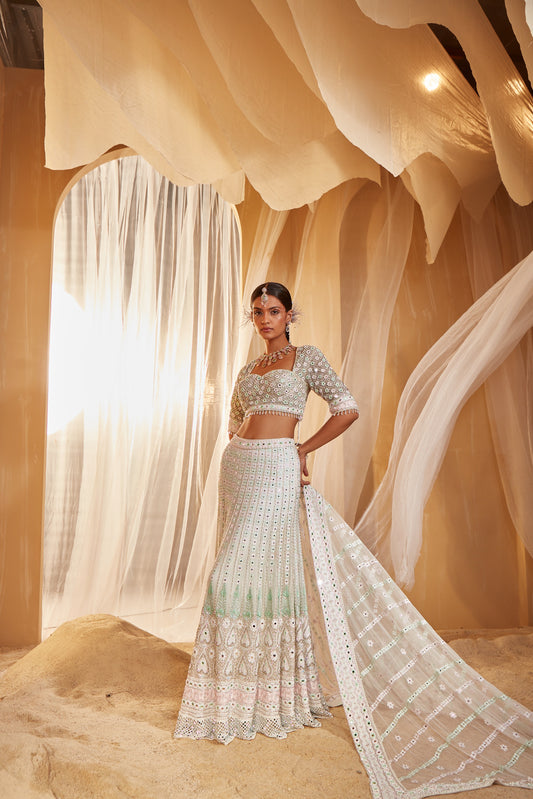 MULTICOLOUR EMBROIDERED FISHCUT BRIDAL LEHENGA SET