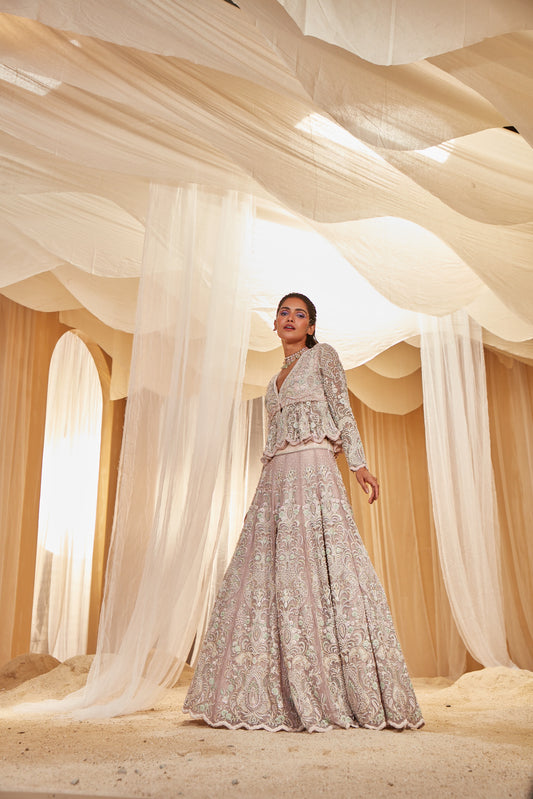 LILAC EMBROIDERED PEPLUM BRIDAL LEHENGA SET
