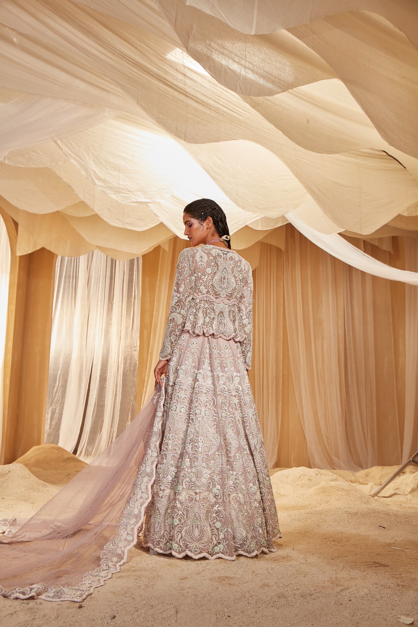 LILAC EMBROIDERED PEPLUM BRIDAL LEHENGA SET