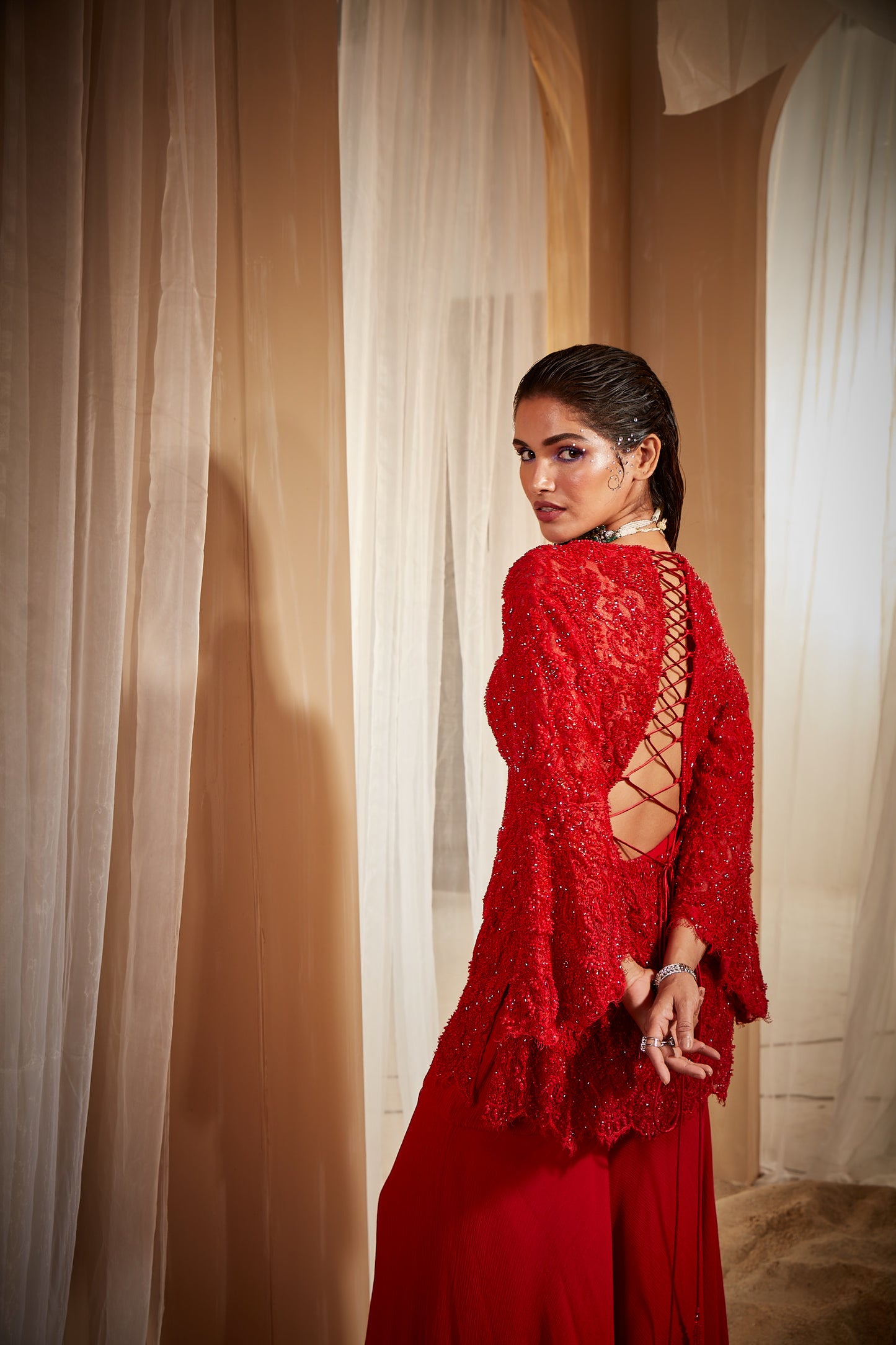 RED EMBROIDERED JACKET SET