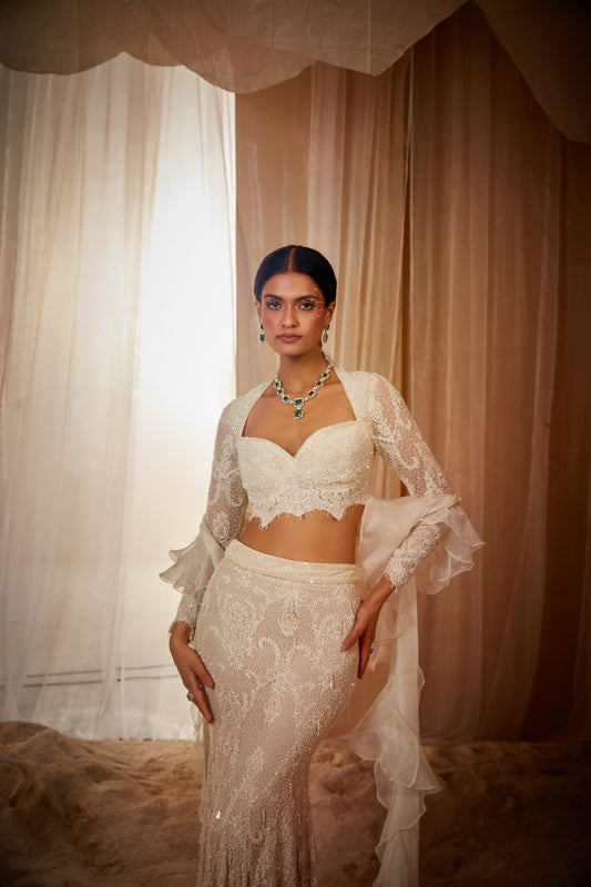 ECRU EMBROIDERED FISHCUT LEHENGA SET