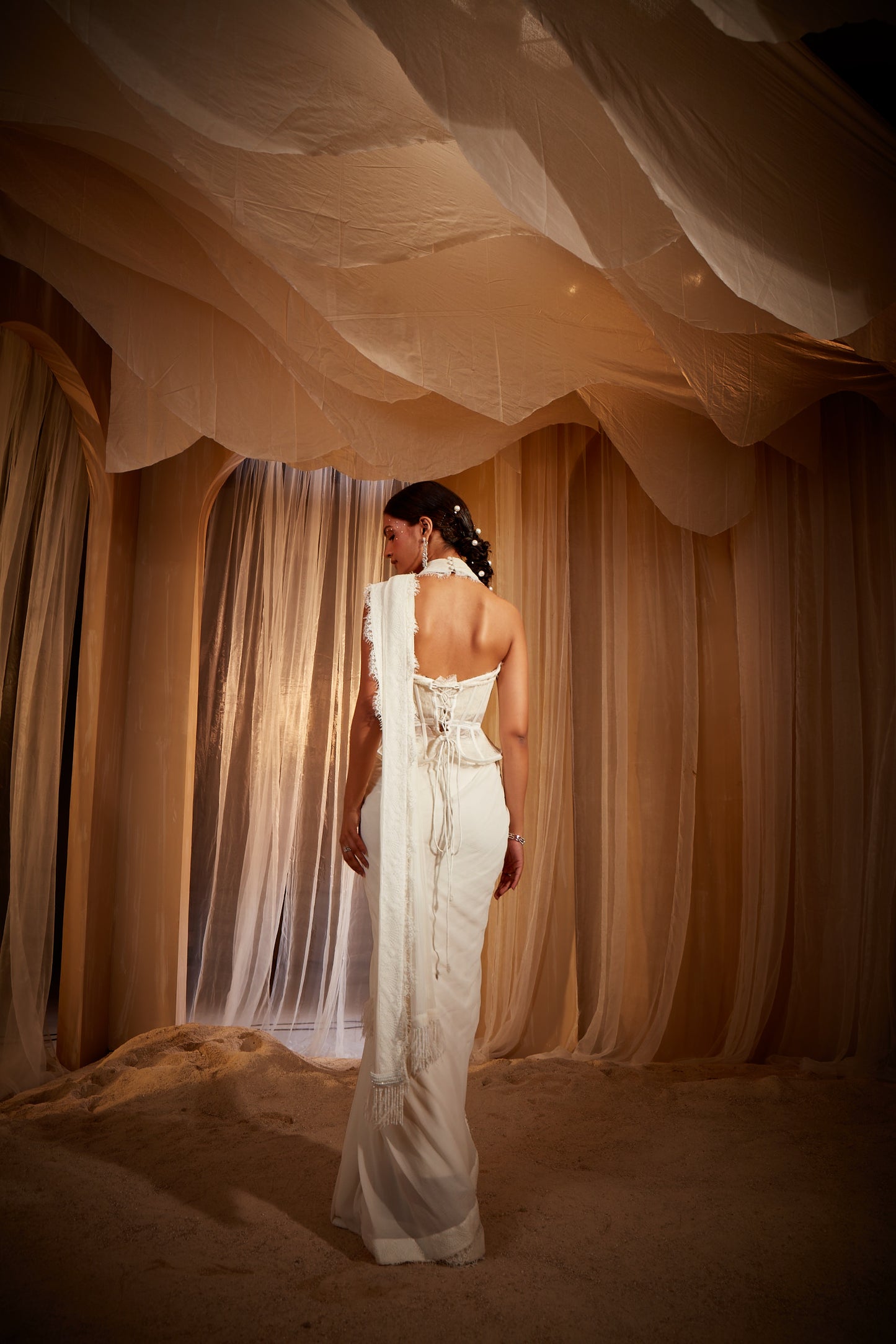 IVORY DRAPED SAREE SET