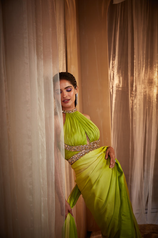 GREEN OMBRE SHADED SAREE SET