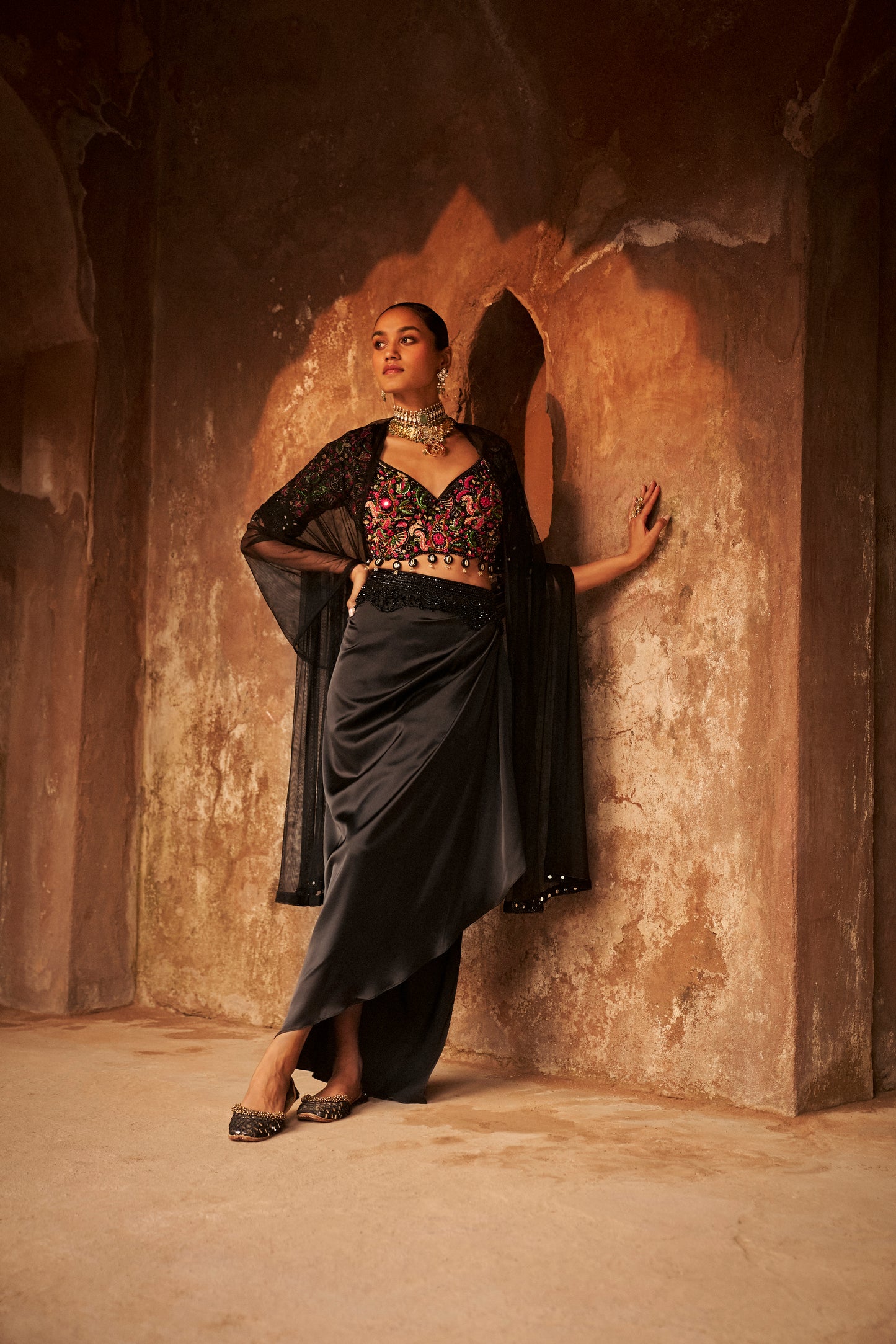 MULTICOLORED EMBROIDERED BLOUSE WITH DUSK DRAPE SKIRT SET