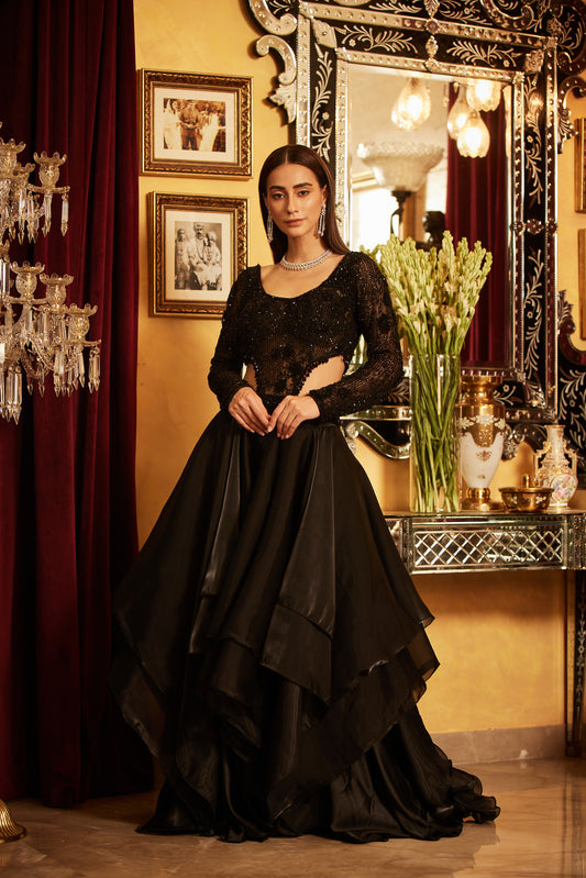 Black Embellished bodysuit & Drape Skirt with side slit