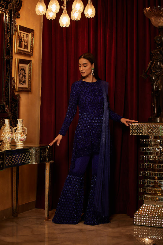 Navy Blue crystal embellished Hi-low kurti Sharara & dupatta -Bridal