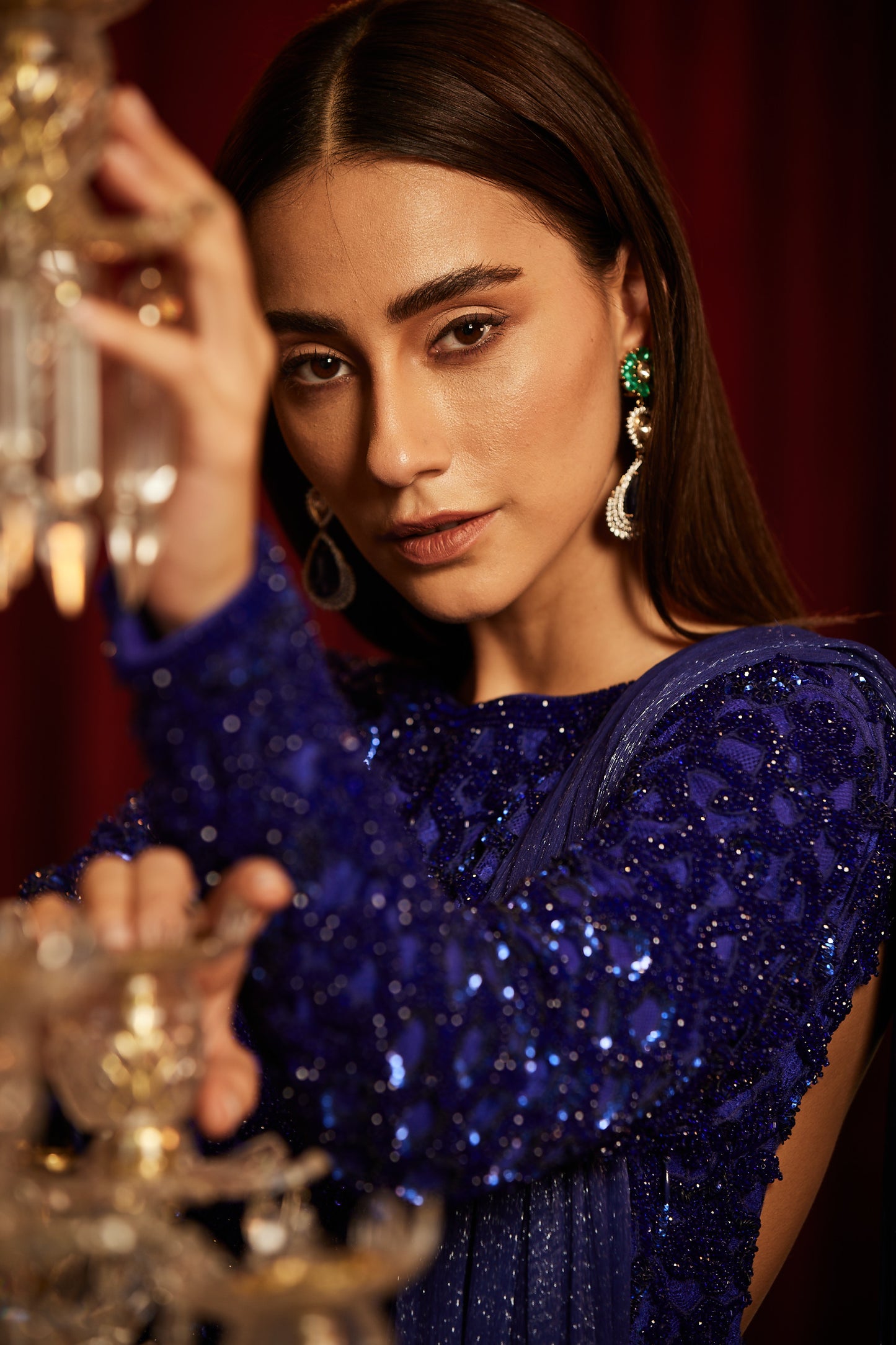 Navy Blue crystal embellished Hi-low kurti Sharara & dupatta -Bridal