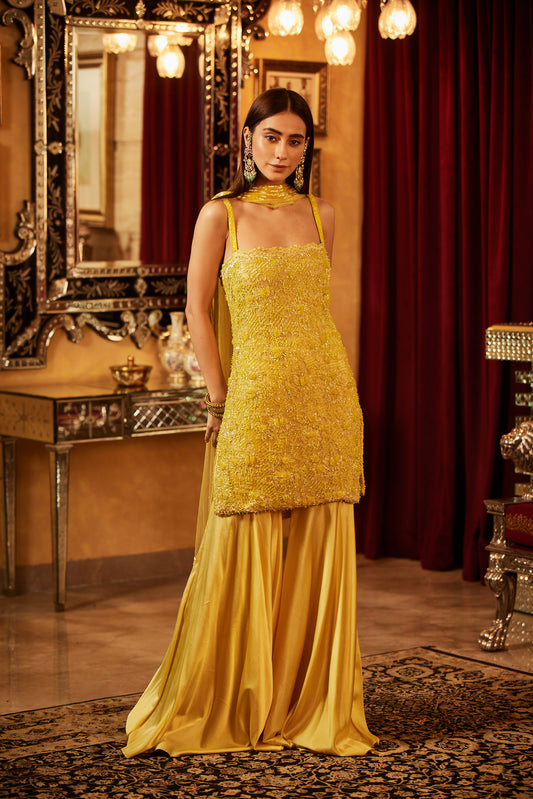 Yellow crystal embellished short kurti Sharara & dupatta